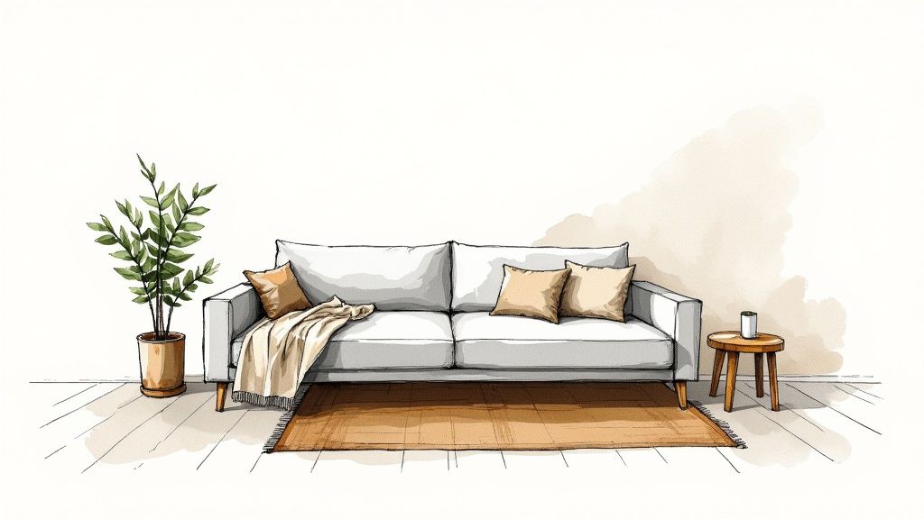 A beautifully styled living room with eco-friendly accents like a jute rug and organic cotton throw blanket.