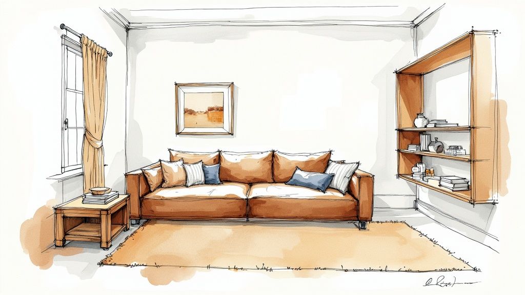 Warm living room sketch with a brown sofa, window, art, and stylish wooden shelves.