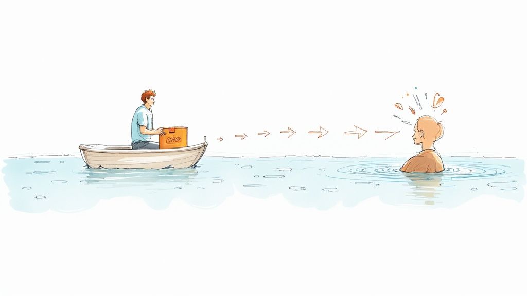 A man in a boat with an "OUTPUT" box sends arrows towards a person in water, symbolizing data flow.