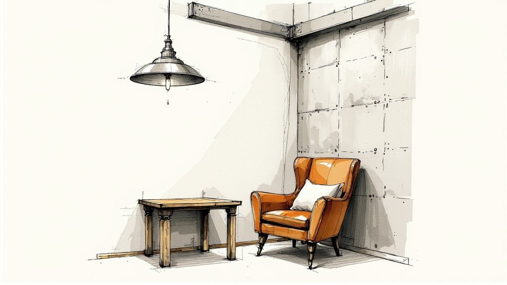 Sketch of a cozy room corner with an orange armchair, wooden table, and hanging lamp.