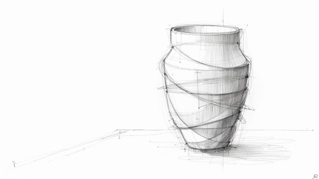 A 3D printer creating a white decorative vase