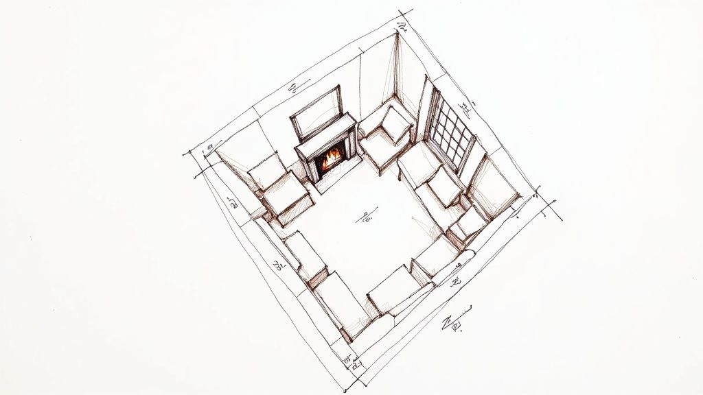 A well-lit Italian living room with a thoughtful furniture layout, emphasizing natural light and clear traffic paths.
