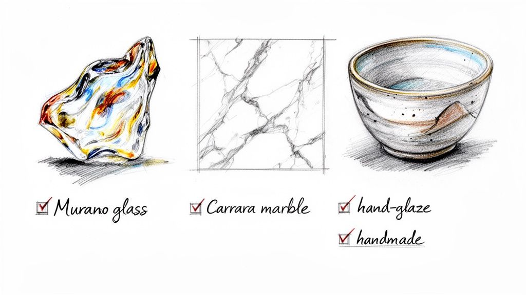 Sketches illustrating Murano glass, Carrara marble, and a hand-glazed, handmade ceramic bowl with descriptive labels.