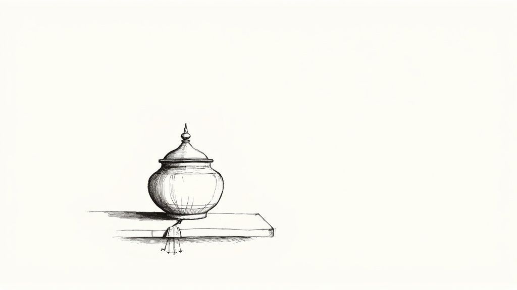 Minimalist pen and ink drawing of a stylized lidded pot resting on a cracked platform.