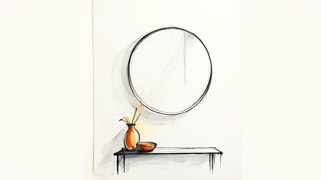 A minimalist sketch of a round mirror above a console table with a vase and bowl.