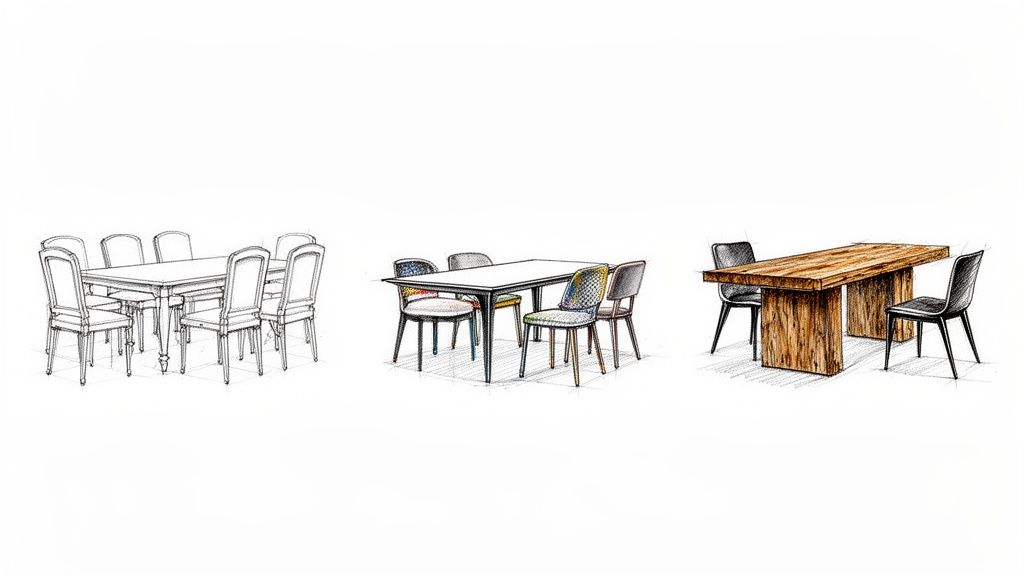Sketches of three distinct dining room sets: classic, modern, and rustic designs.