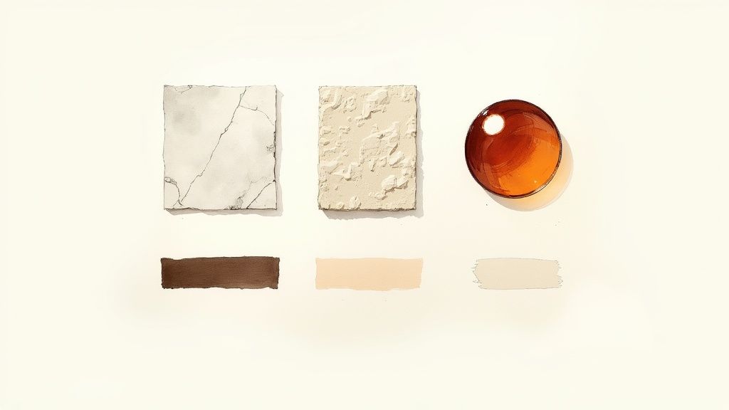 A minimalist Italian-style room showcasing a blend of marble, plaster, and warm wood textures.