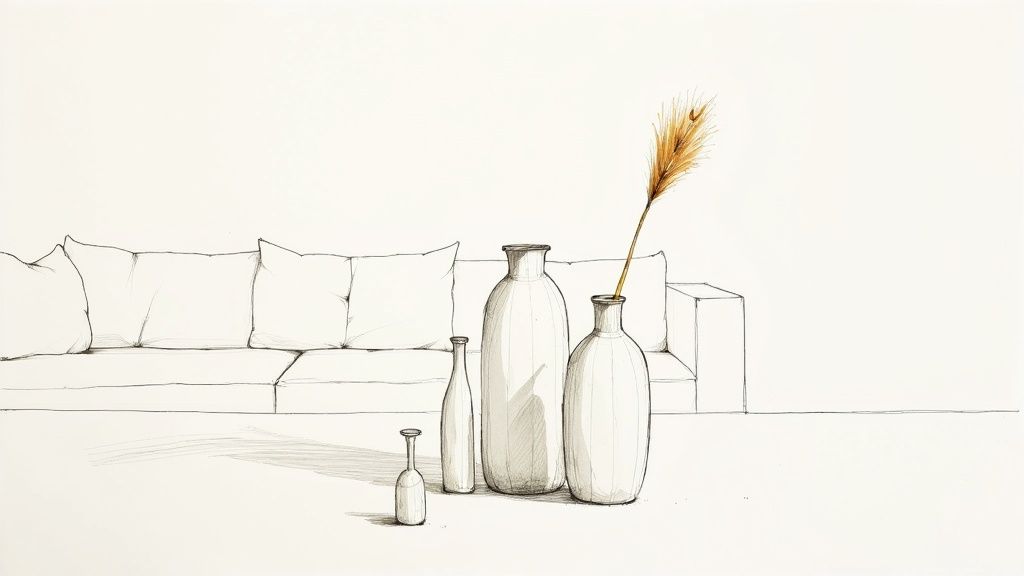 A tall, fluted white textured vase sits on a minimalist wooden table, holding a single green leaf.