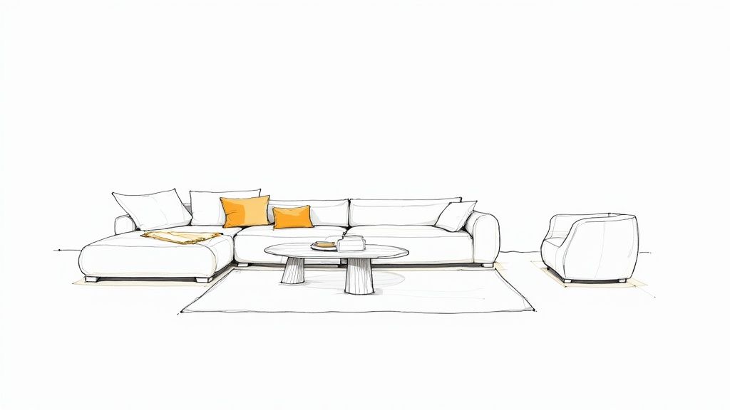 A detailed sketch of a modern living room featuring a white sectional sofa, orange pillows, a round coffee table, and an armchair.