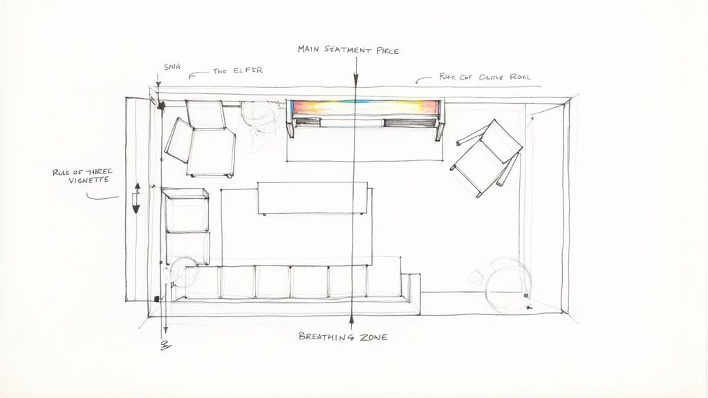 A stylish living room where a large, bold piece of art is perfectly placed above a sofa, acting as a clear focal point.