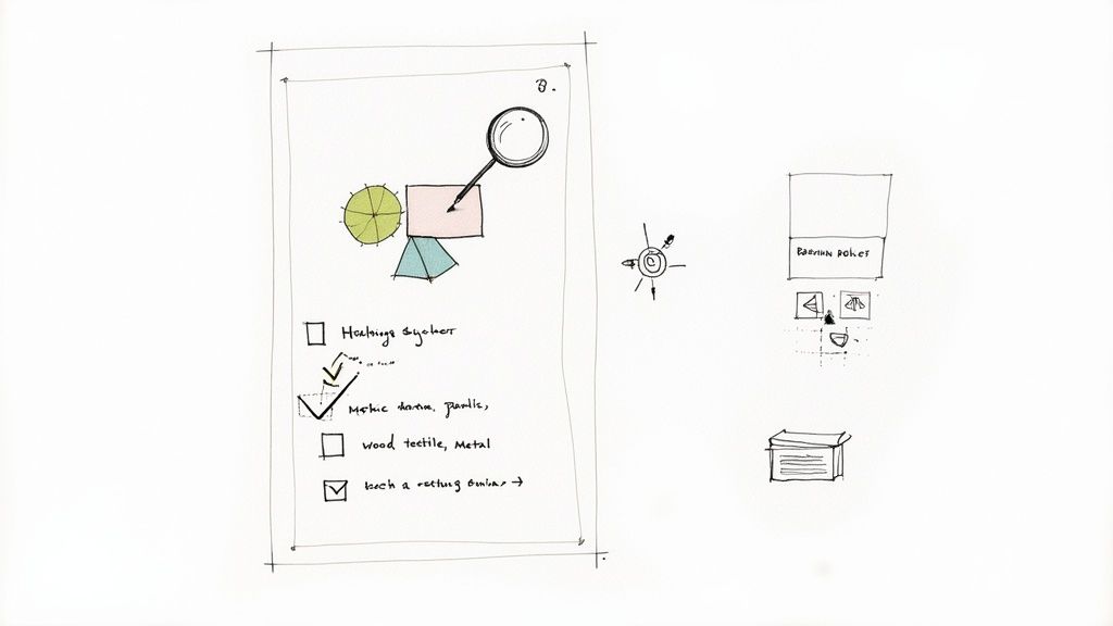 A hand-drawn sketch of a UI concept featuring a search icon, geometric shapes, and a checklist.