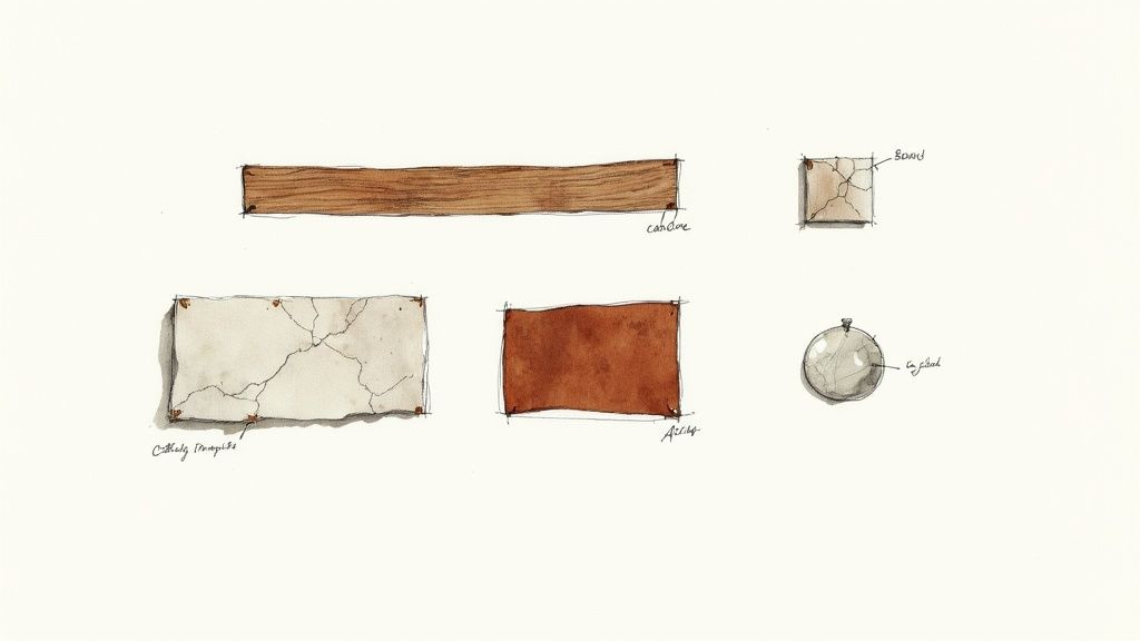 Watercolor sketches illustrating various material samples: wood, cracked panels, and a spherical object.