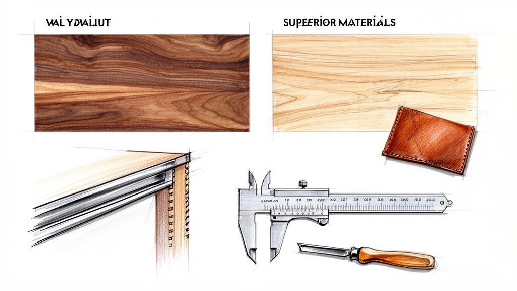 Sketches of walnut and light wood textures, furniture joinery, tools, and a leather cardholder.
