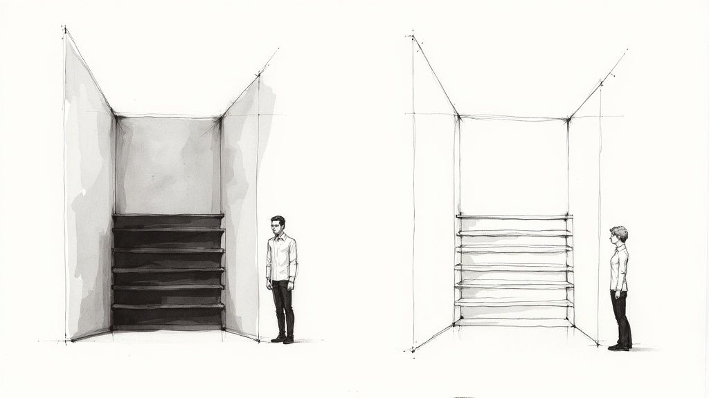 An airy, modern shelf unit perfectly positioned in a bright living room, showcasing a balance of objects and empty space.