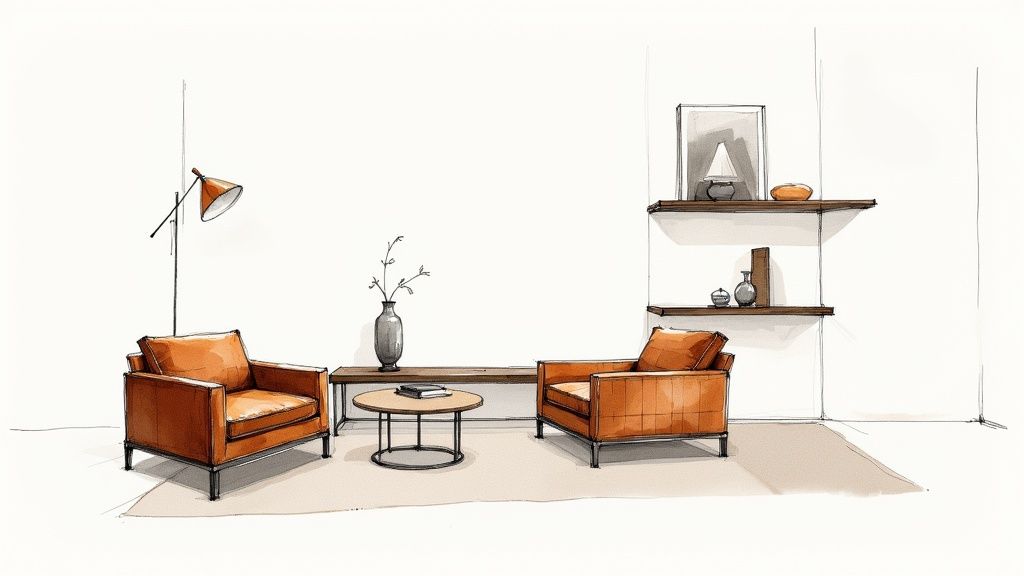 A modern living room featuring a sculptural Italian floor lamp and a minimalist leather armchair, with neutral walls and strategic lighting.