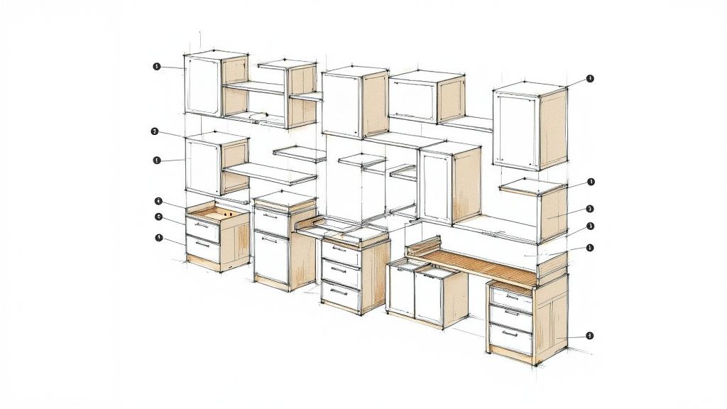 Architectural sketch of a versatile modular wall unit with cabinets, shelves, and integrated desks.