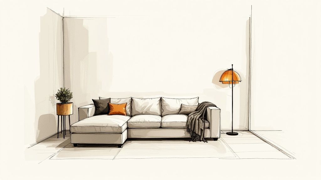 Modern beige sectional sofa with orange accent pillows and floor lamp in minimalist living room