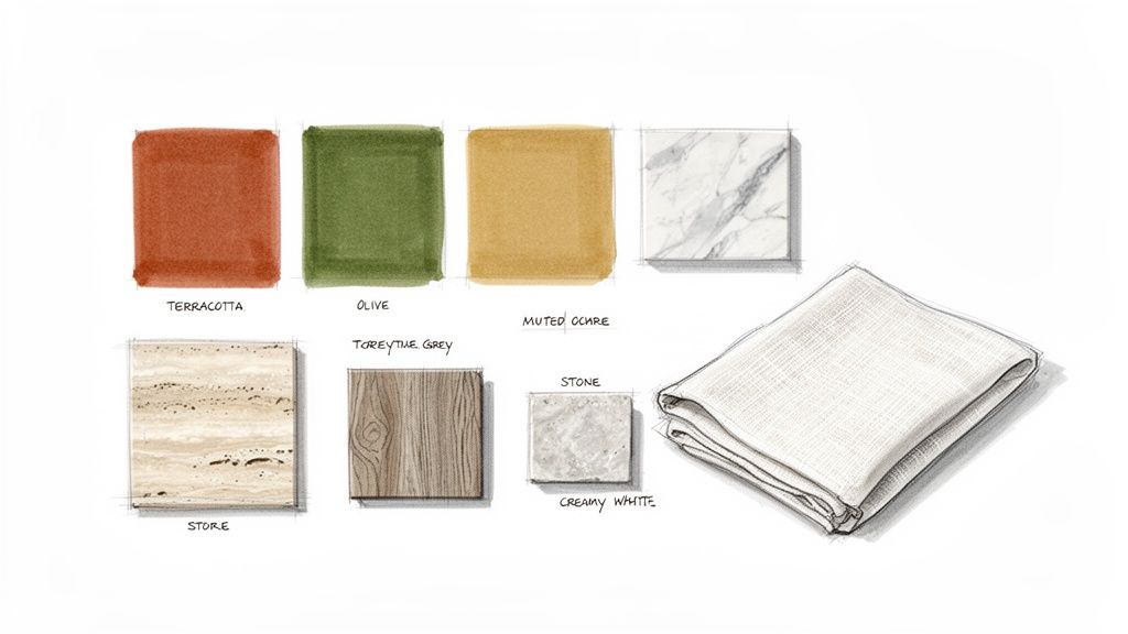 A mood board displaying various color and material swatches, including terracotta, olive, marble, and fabric.