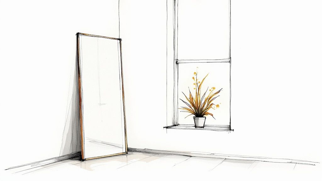 Woman adjusting a large floor-leaning mirror in a well-lit living room