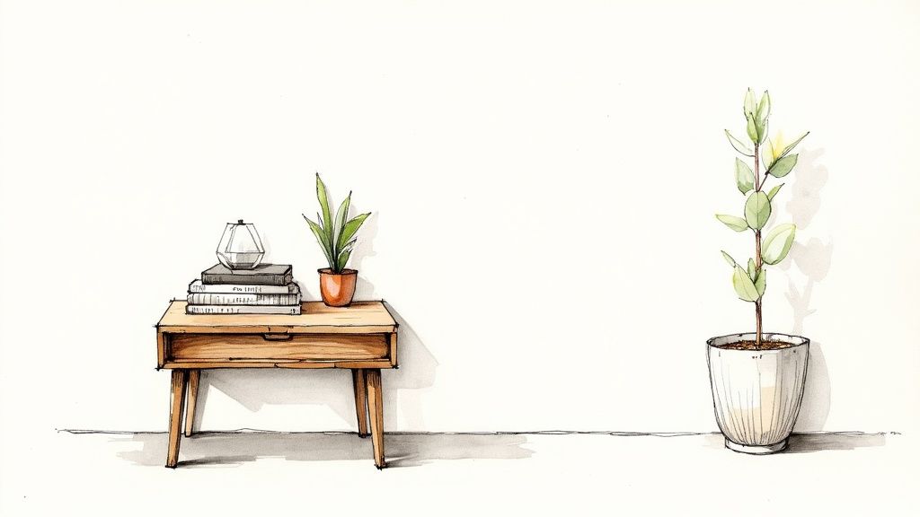 A beautifully upcycled wooden dresser painted light green, adorned with a simple vase and dried flowers, in a sunlit room.