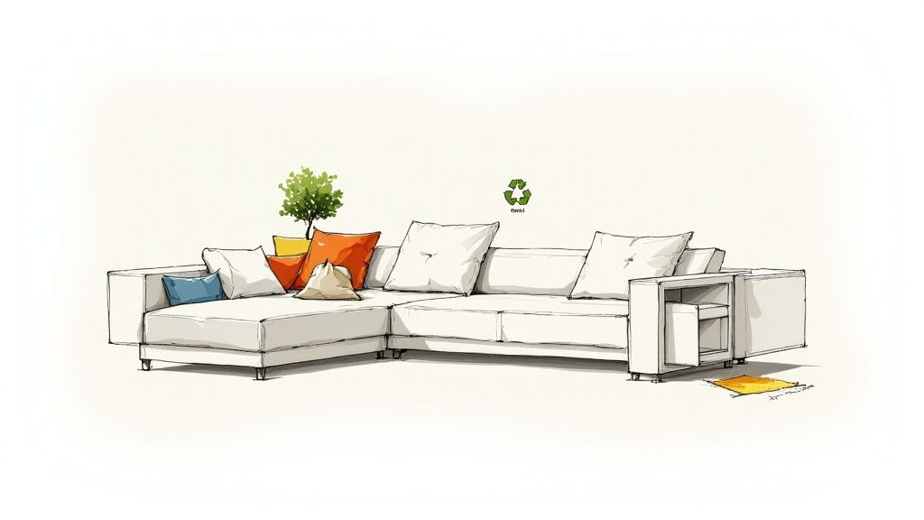 Modern white sectional sofa with colorful cushions and plant, contemporary Italian living room furniture design