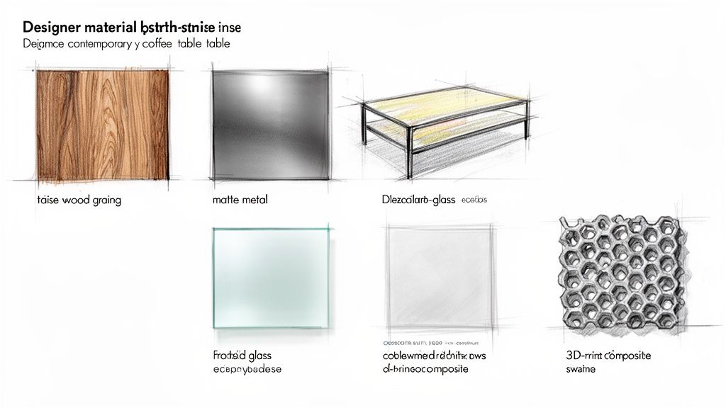 Sketches of various material swatches including wood, matte metal, frosted glass, and 3D composite, for a contemporary coffee table design.