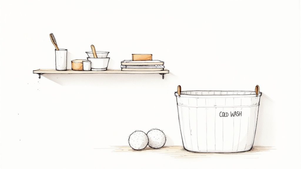 A minimalist bathroom with bamboo toothbrushes in a holder, a bar of soap on a wooden dish, and a safety razor on the counter, showing sustainable personal care items.