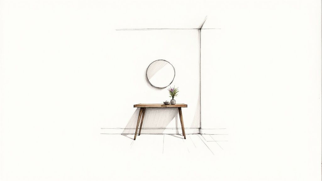 Hand-drawn sketch of a modern entryway table with a round mirror and a small vase.