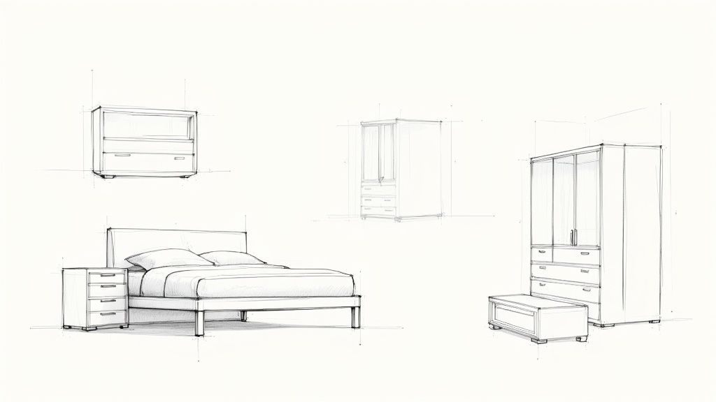 A curated Italian contemporary bedroom featuring a low-profile bed and minimalist storage.
