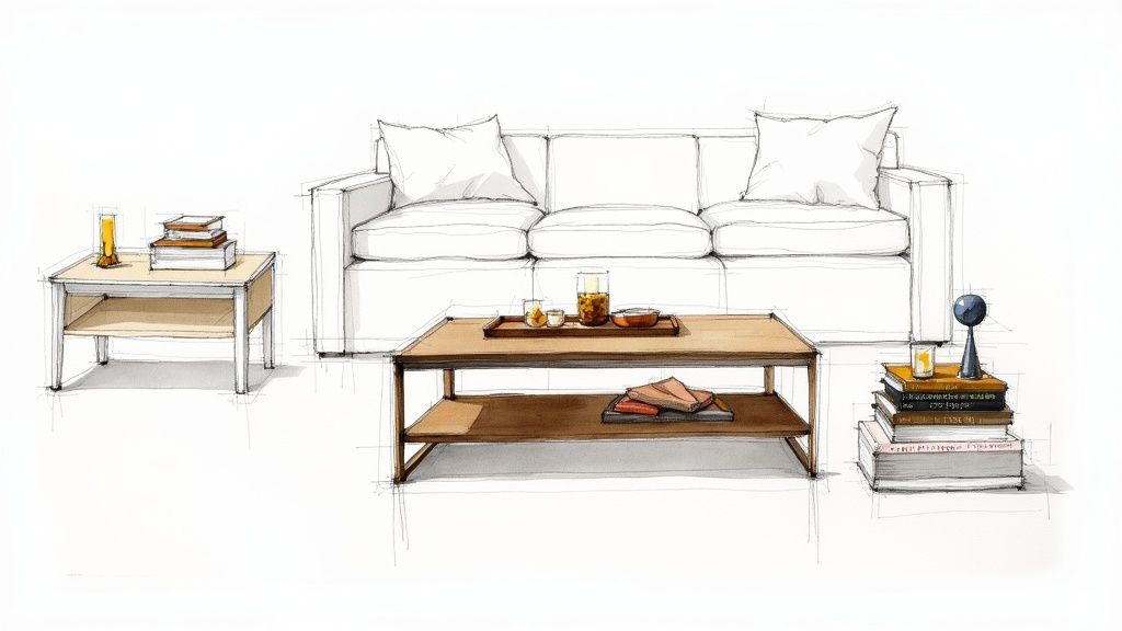 Watercolor sketch of modern living room furniture: white sofa, a coffee table, and side tables with decor.