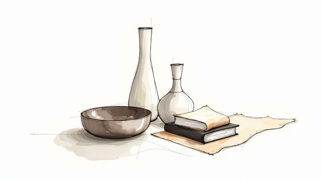 A collection of contemporary decorative objects artfully arranged on a minimalist shelf