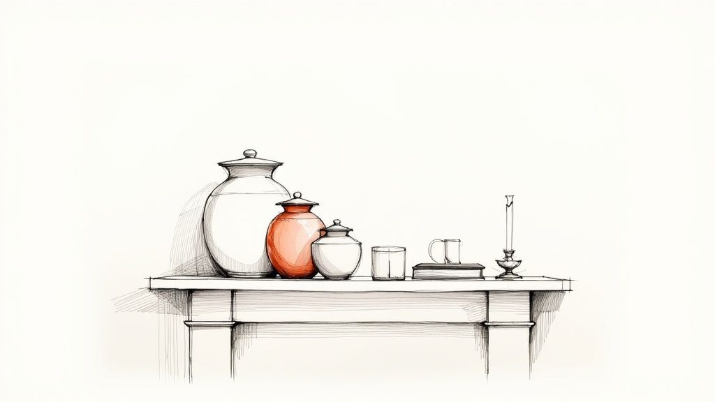 An artistic sketch showing three lidded vases, a glass, two mugs, and a candle on a table.