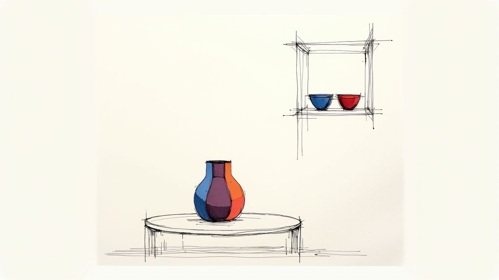 Colorful hand painted ceramic vases and bowls displayed on table and shelf sketch illustration