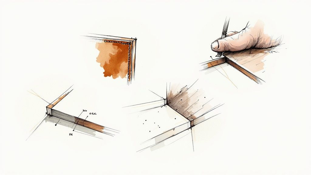 A close-up shot of a craftsman's hands carefully sanding the edge of a wooden furniture piece, highlighting the detail and precision.
