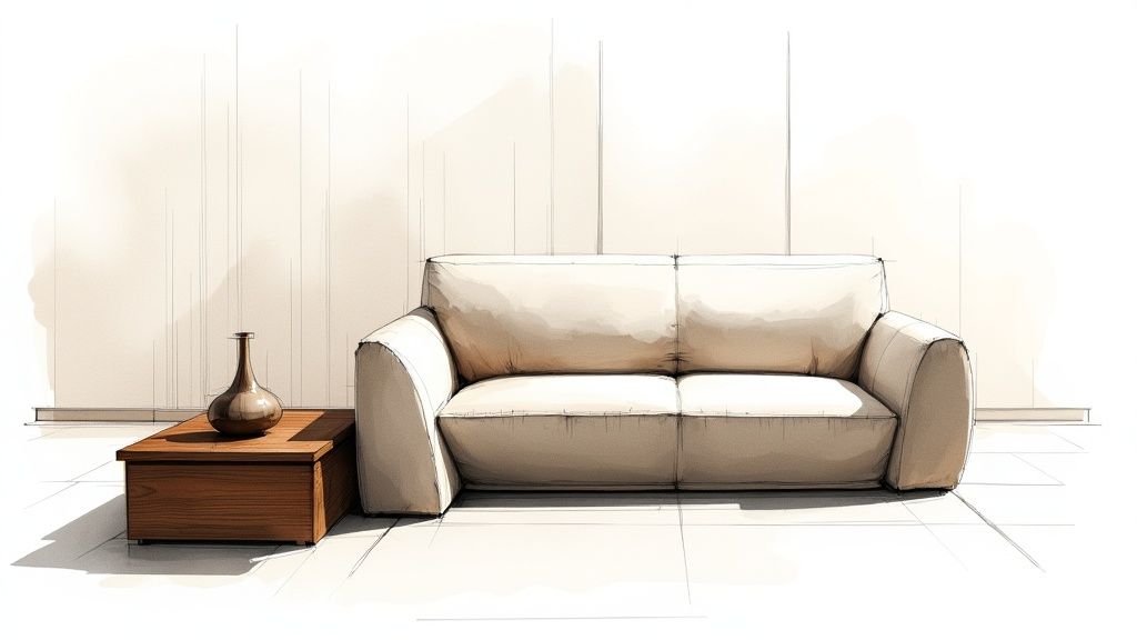 Modern beige sofa with rounded arms next to wooden side table in minimalist living room