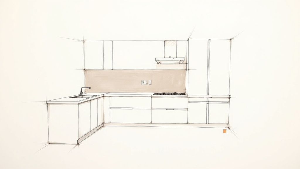 A minimalist architectural sketch of a contemporary L-shaped kitchen with essential appliances and cabinetry.