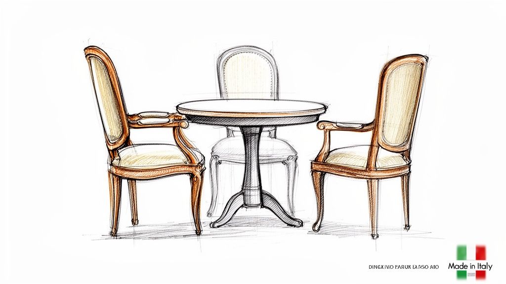 A detailed sketch illustrating a classic Italian dining room set with an elegant round table and three three chairs.