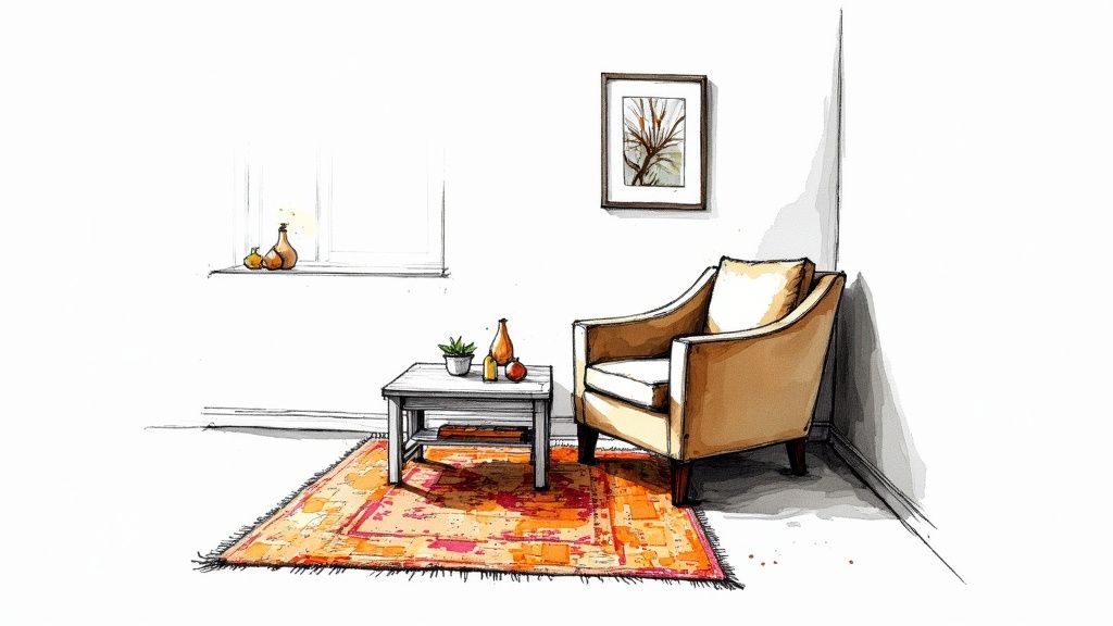 A thoughtfully furnished living room featuring a mix of vintage and sustainably sourced pieces.