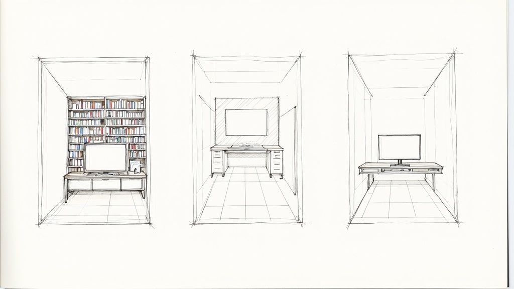 Three perspective drawings show different modular wall unit designs with screens and storage configurations.
