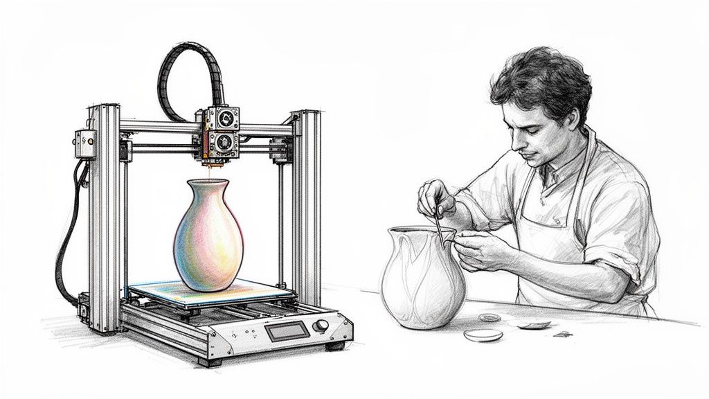 A pencil sketch shows a 3D printer making a colorful vase next to a craftsman refining a vase.