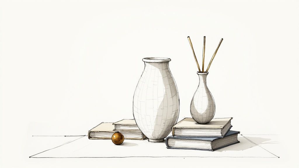 A white textured vase styled on a wooden shelf next to books and other decorative objects.