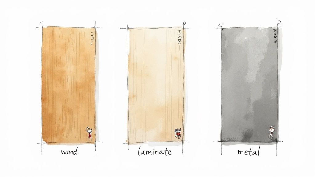 Three rectangular swatches illustrating different materials: wood, laminate, and metal, each with a tiny figure.