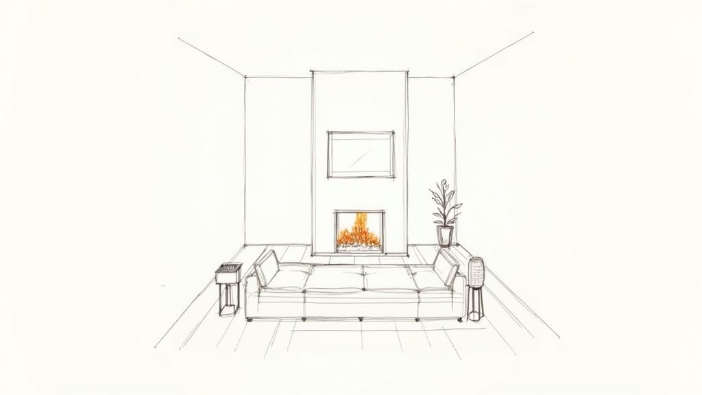 Line drawing showing living room furniture arrangement: sofa, fireplace, TV, and side tables.