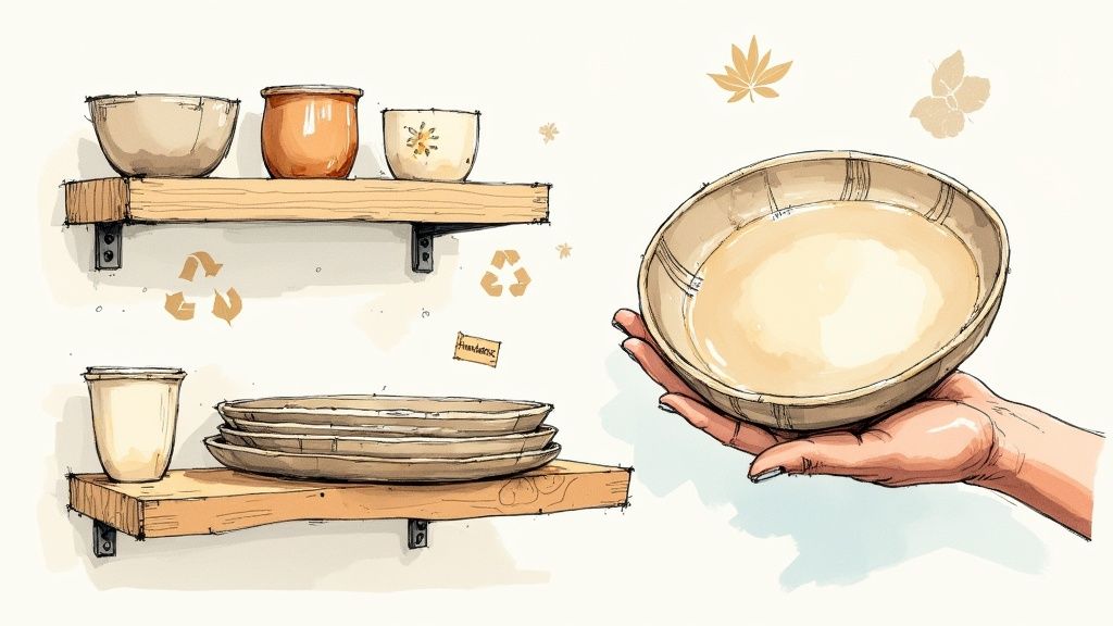 Hand holding a natural fiber bowl, with sustainable ceramic dishes on wooden shelves and recycling symbols.