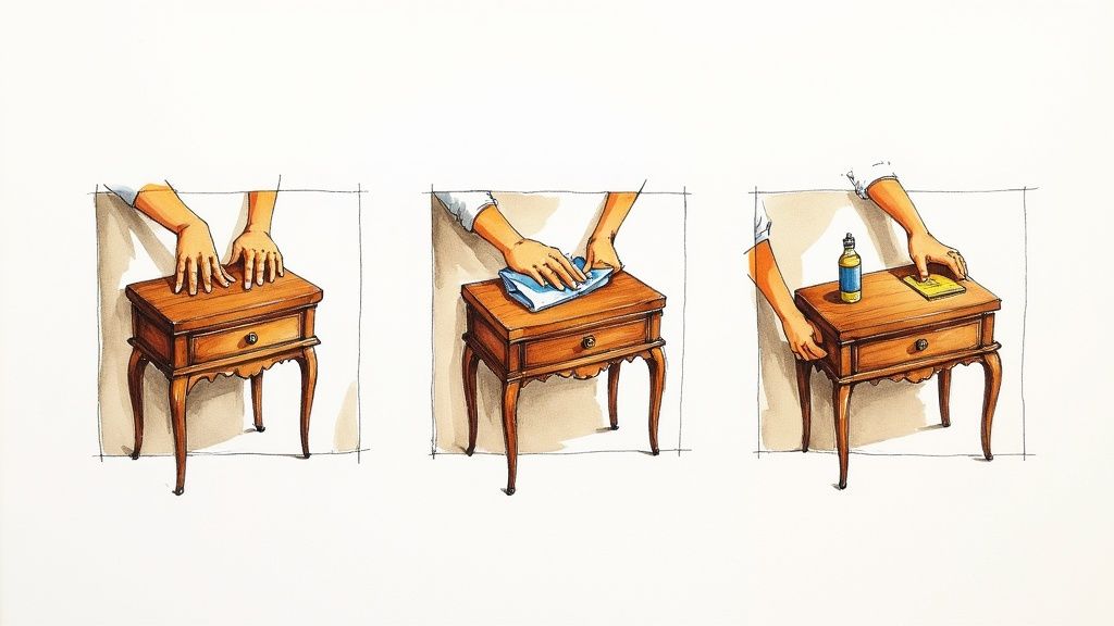 A person gently wiping a solid acacia wood tabletop with a soft, clean cloth.