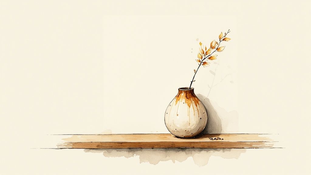 Minimalist watercolor painting of dried branch in rustic ceramic vase on wooden shelf
