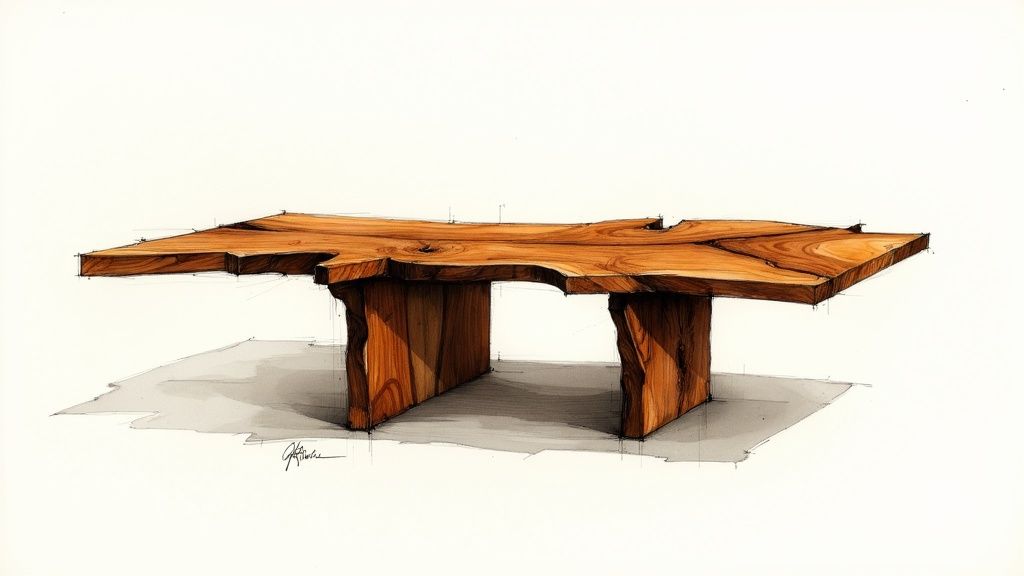 Close-up of a table made from solid acacia wood, showing its rich grain patterns and warm tones