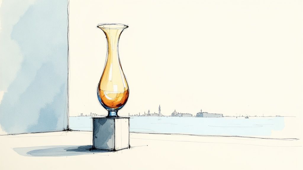 Elegant amber glass vase on a pedestal in a watercolor sketch overlooking a Venetian cityscape.