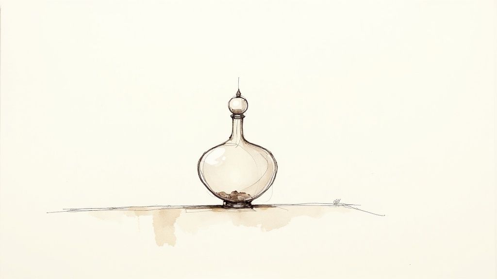 A simple sketch of a glass vase with a pointed lid, containing small dark objects, resting on a shaded surface.