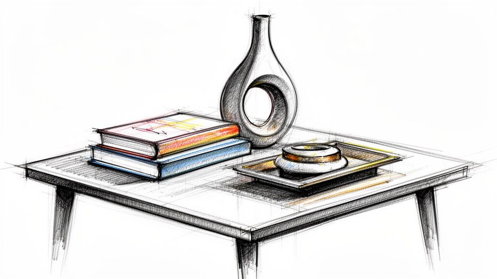 Hand-drawn sketch of a contemporary table featuring stacked books, a unique vase, and a decorative dish.